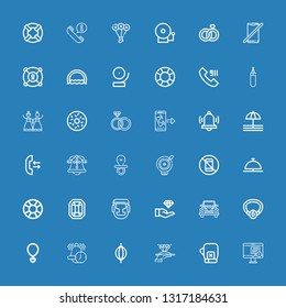 Editable 36 ring icons for web and mobile. Set of ring included icons line Notification, Boxing gloves, Diamond, Punching bag, Alarm, Necklace, Wedding car on blue background