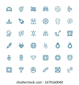 Editable 36 Ring Icons For Web And Mobile. Set Of Ring Included Icons Line Phone Call, Lifesaver, D Printing Pen, Alert, Bouquet, Boxing, Diamond, Call, Pacifier On White Background