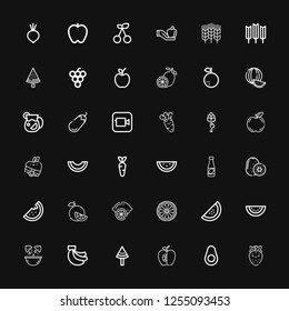Editable 36 ripe icons for web and mobile. Set of ripe included icons line Strawberry, Avocado, Apple, Watermelon, Bananas, Lemon, Orange, Kiwi, Juice, Carrot on black background