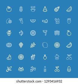 Editable 36 ripe icons for web and mobile. Set of ripe included icons line Avocado, Cherry, Juice, Strawberry, Bitterballen, Olive, Bitten apple, Beet, Asparagus on blue background