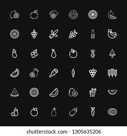 Editable 36 ripe icons for web and mobile. Set of ripe included icons line Kiwi, Carrot, Eggplant, Pear, Orange, Aubergine, Watermelon, Asparagus, Wheat, Grape on black background