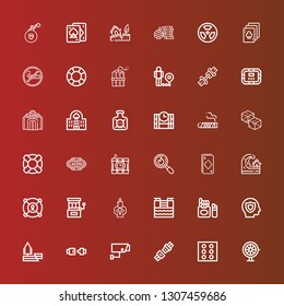 Editable 36 risk icons for web and mobile. Set of risk included icons line Roulette, Dice, Seat belt, Security camera, Earthquake, Insurance, Cigarette, Tsunami, Skull on red