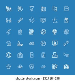 Editable 36 risk icons for web and mobile. Set of risk included icons line Dinamite, Slot machine, Skydiving, Roulette, Iceberg, Gas mask, Dice, Poison, Ace on blue background