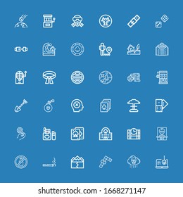 Editable 36 risk icons for web and mobile. Set of risk included icons line Spyware, Bio weapon, Dominoes, Earthquake, Cigarette, No alcohol, Skull, Dinamite on blue background