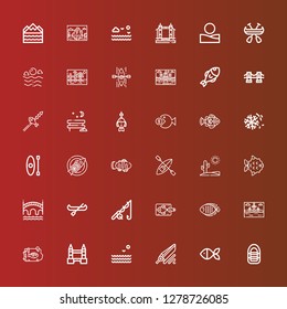 Editable 36 river icons for web and mobile. Set of river included icons line Inflatable boat, Fish, Fishing, Sea, Tower bridge, Landscape, Canoe, Bridge, Desert, Kayak on red