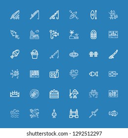 Editable 36 river icons for web and mobile. Set of river included icons line Clown fish, Fish, Tower bridge, Desert, Sea, Landscape, Hippopotamus, Fishing, Flood on blue background