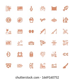 Editable 36 river icons for web and mobile. Set of river included icons line Fishing rod, Sea, Park, Kayak, Fish, Inflatable boat, Tower bridge, Desert, Fishing on white background
