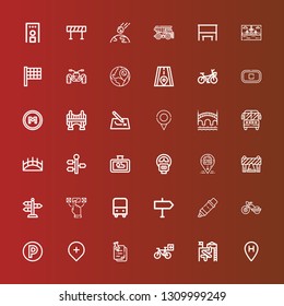 Editable 36 road icons for web and mobile. Set of road included icons line Location, Slide, Bicycle, Pinned, Gps, Parking, Motorbike, Marker, Direction, Bus, Choice, Street on red