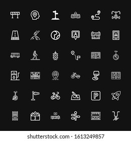 Editable 36 road icons for web and mobile. Set of road included icons line Bicycle, Subway, Signpost, Bus, Earthquake, Bus ticket, Adventure, Parking, Route on black background