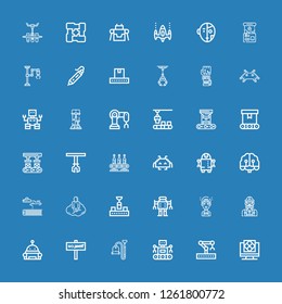 Editable 36 robot icons for web and mobile. Set of robot included icons line Artificial intelligence, Robotic arm, Robot, Vacuum, War, Engineer, Conveyor, Astral on blue background