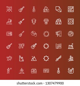 Editable 36 rock icons for web and mobile. Set of rock included icons line Guitar, Turntable, Arctic, Volcano, Pop singer, Climbing, Prehistoric, Tambourine, Mountains on red