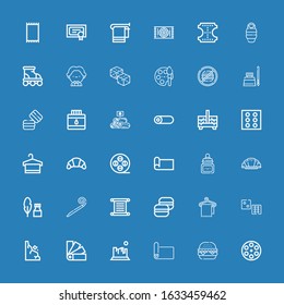 Editable 36 roll icons for web and mobile. Set of roll included icons line Film reel, Burger, Mat, Rock, Swatches, Rocks, Dice, Towel, Macaron, Torah, Party blower on blue background