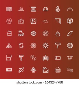 Editable 36 roll icons for web and mobile. Set of roll included icons line Dice, Print, Paint, Macaron, Rolling pin, Rug, Towel, Yoga mat, Sewing box, Dices, Paint roller on red