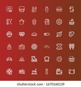Editable 36 roll icons for web and mobile. Set of roll included icons line Paper roll, Paint, Sleeping bag, Rock, Sushi, Film reel, Print, Towel, Roller, Profiterole, Croissant on red