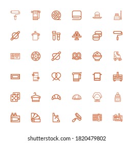 Editable 36 roll icons for web and mobile. Set of roll included icons line Sushi, Paint roller, Rocks, Swatches, Paint, Ink, Musician, Croissant, Towel, Dice on white background