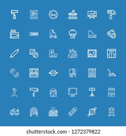 Editable 36 roller icons for web and mobile. Set of roller included icons line Painting, Roller, Skateboard, Roller coaster, Water hose, Mower, Stand, Display on blue background