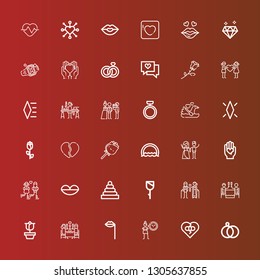 Editable 36 romance icons for web and mobile. Set of romance included icons line Wedding rings, Broken heart, Cynicism, Lips, Romantic dinner, Rose, Couple, Rings, Love on red