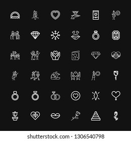Editable 36 romance icons for web and mobile. Set of romance included icons line Rose, Rings, Lips, Broken heart, Heart, Diamond, Love, Ring, Swan, Couple on black background