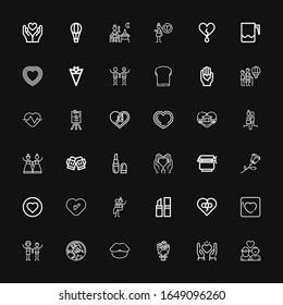 Editable 36 romantic icons for web and mobile. Set of romantic included icons line Couple, Heart, Bouquet, Lips, Holden, Badoo, Broken heart, Lipstick, Newlyweds on black background