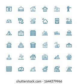 Editable 36 roof icons for web and mobile. Set of roof included icons line Tent, Chimney, House, Roof, Garage, Church, Home, Mansion, Mortgage, Vane, Dog house on white background