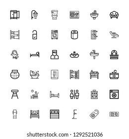 Editable 36 room icons for web and mobile. Set of room included icons line Table, Door hanger, Gym station, Bed, Lounge chair, Washing machine, Hotel, Restrooms on white background