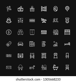 Editable 36 room icons for web and mobile. Set of room included icons line Chair, Bathtub, Bellhop, Bedroom, Armchair, Sofa, Nightstand, House plan, Table on black background