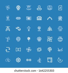 Editable 36 rotate icons for web and mobile. Set of rotate included icons line Rotate, Angle, Windmill, Vr, Ferris wheel, Sync, Fan, Retweet, Engine propeller on blue background