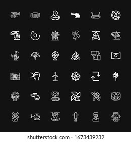 Editable 36 rotate icons for web and mobile. Set of rotate included icons line Tilt, Virtual reality, Fan, Vr, Helicopter, Windmill, Pinwheel, Repeat, Ferris wheel on black background