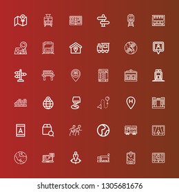Editable 36 route icons for web and mobile. Set of route included icons line Gps, Bus stop, Position, Tracking, Train, Geography, Race, Localize, Location, Direction, Street on red