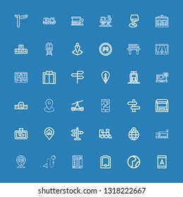 Editable 36 route icons for web and mobile. Set of route included icons line Gps, Geography, Tracking, Direction, Location, Bus stop, Train, Street, Train station on blue background