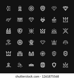 Editable 36 royal icons for web and mobile. Set of royal included icons line Crown, Shield, Gem, British museum, Riches, Inukshuk, Diamond, Castle, Queen, Lance on black background