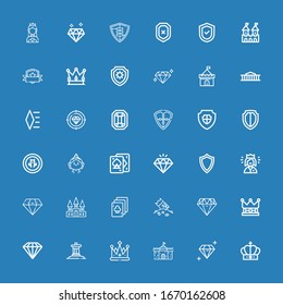Editable 36 royal icons for web and mobile. Set of royal included icons line Crown, Diamond, Castle, Inukshuk, Riches, Playing cards, Queen, Shield, Birthday girl on blue background