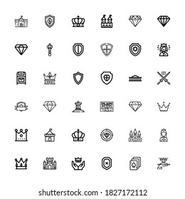 Bearbeitbar 36 königliche Symbole für Web und Mobile. Satz eingeschlossener Symbole Linie Diamond, Spielkarten, Schild, Krone, Schloss, Miss Welt, Inukshuk, Lance, Britisches Museum auf weißem Hintergrund