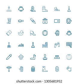 Editable 36 rubber icons for web and mobile. Set of rubber included icons line Gloves, Baby, Boot, Inflatable boat, Rattle, Beach ball, Boots, Stamp, Duck on white background