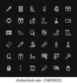 Editable 36 rubber icons for web and mobile. Set of rubber included icons line Gloves, Puck, Rattle, Condoms, Tracing wheel, Inflatable boat, Reflex hammer on black background