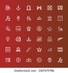 Editable 36 safe icons for web and mobile. Set of safe included icons line Auction, Padlock, Dollar, Exit, Firewall, Lockers, Hat, Anchor, Gas mask, Locker, Revolver, Lock on red