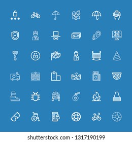 Editable 36 safety icons for web and mobile. Set of safety included icons line Lifesaver, Bicycle, Padlock, Wheelchair, Goggles, Cone, Fire, Dynamite, Water hose on blue background