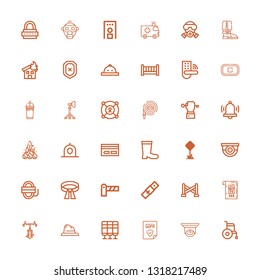 Editable 36 safety icons for web and mobile. Set of safety included icons line Wheelchair, Cctv, GDPR, Seat, Hat, Bicycle, Bandit, Police line, Belt, Barrier on white background