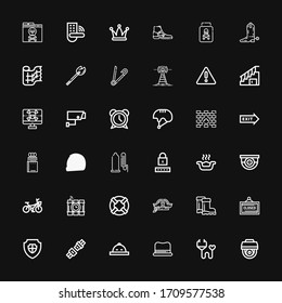 Editable 36 safety icons for web and mobile. Set of safety included icons line Cctv, Medical insurance, Hat, Seat belt, Shield, Closed, Boots, Lifesaver, Dinamite on black background
