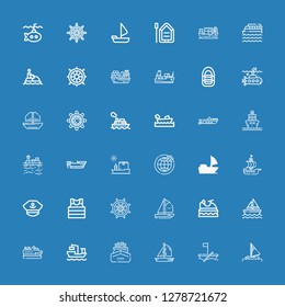Editable 36 sail icons for web and mobile. Set of sail included icons line Sail, Boat, Ship, Cargo ship, Cruise, Sailboat, Jet ski, Rudder, Sailor, Captain on blue background