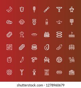 Editable 36 sausage icons for web and mobile. Set of sausage included icons line Pancakes, Hotdog, Snack, Bbq, Sausage, Sandwich, German, Breakfast, Grill, Barbecue, Meat on red