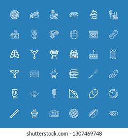 Editable 36 sausage icons for web and mobile. Set of sausage included icons line Salami, Hot dog, Barbecue, Bbq, Grill, Meat, Dish, Sausage, Sandwich, BBQ grill on blue background