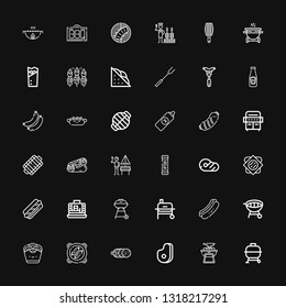 Editable 36 sausage icons for web and mobile. Set of sausage included icons line Bbq, Meat, Salami, Onion rings, Grill, Hot dog, Barbecue grill, Pancakes, Sandwich on black background