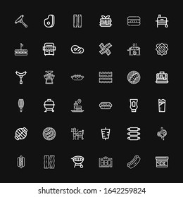 Editable 36 sausage icons for web and mobile. Set of sausage included icons line Fish food, Hot dog, Bbq, Grill, Bacon, Hotdog, Butcher, Ribs, Kebab, Barbecue on black background