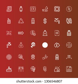 Editable 36 save icons for web and mobile. Set of save included icons line Diskette, Date, Blood donation, Global warming, Save water, Burner, Data share, Usb, Green power on red
