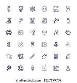 Editable 36 save icons for web and mobile. Set of save included icons line Burner, Date, Eco fuel, Blood donation, Lifesaver, Recycling, Money bag, Sticks on white background