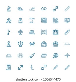 Editable 36 scale icons for web and mobile. Set of scale included icons line Thermometer, Resize, Guilt, Gym, Scale, Fitness, Crank arm, Measuring tape, Dimensions on white background