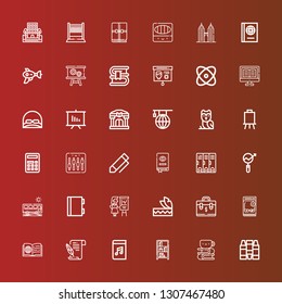 Editable 36 school icons for web and mobile. Set of school included icons line Crayons, Homework, Bookcase, Audiobook, Literature, Book, Catalog, Briefcase, Headdress, Presentation on red