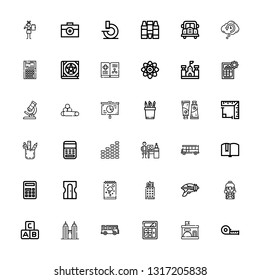 Editable 36 school icons for web and mobile. Set of school included icons line Measuring tape, Kindergarten, Calculator, Bus, Building, Abc, Student, Blaster on white background