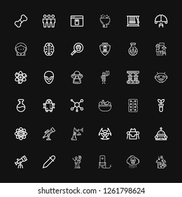 Editable 36 science icons for web and mobile. Set of science included icons line Drugs, Bio weapon, Oxygen, Blood donation, Eyedropper, Telescope, Robot, Biohazard on black background